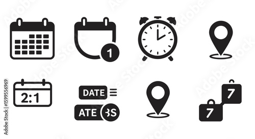 Simple icon set representing time, dates, location and travel with classic black design