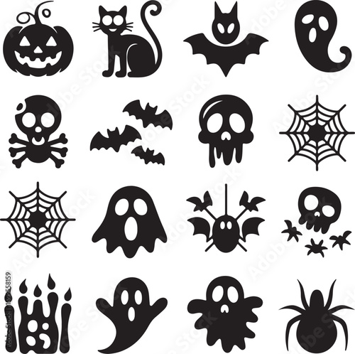 Halloween icons silhouette collection featuring spooky creatures and symbols pumpkin
