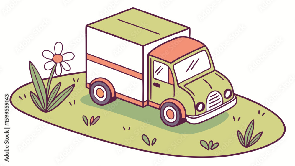 Obraz premium Cartoon Delivery Truck with Flower and Greenery Illustration.