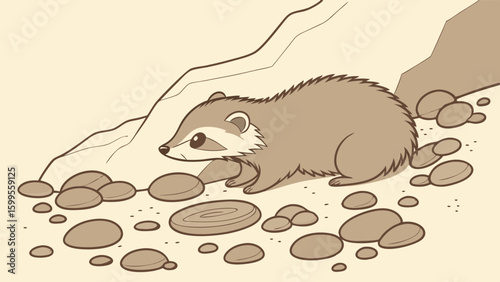 Cartoon Badger Near Rocks and Cliff Sepia Tones.