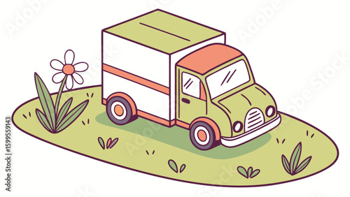 Cartoon Delivery Truck with Flower and Greenery Illustration.
