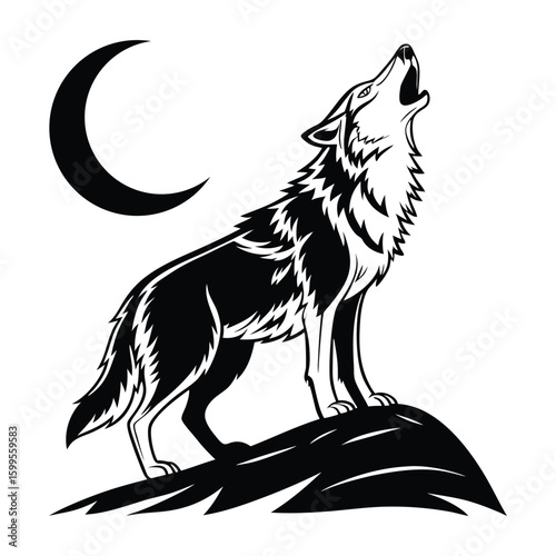 A striking black and white silhouette of a wolf howling at a crescent moon, perched on a rocky outcrop. The silhouette style is a prominent feature.