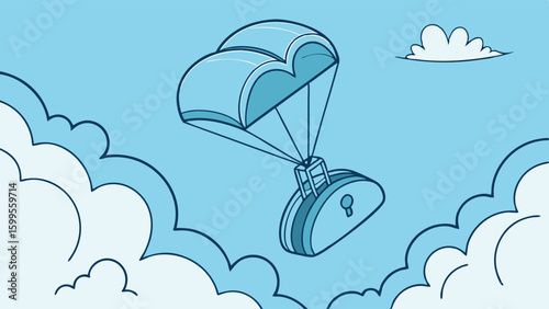 Cartoon Padlock Descending with Parachute in Cloudy Sky Illustration.