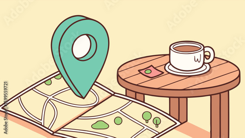 Cartoon Map with Location Pin Coffee Cup and Table.