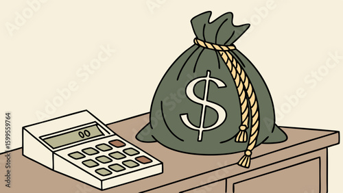 Cartoon Money Bag with Dollar Sign and Calculator on Table.