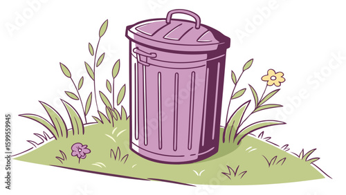 Cartoon Trash Can with Flowers and Grass Illustration.