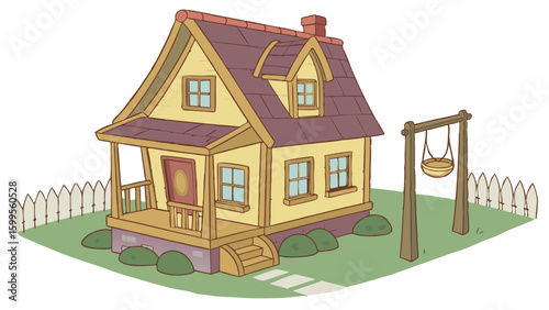 Charming Yellow Cottage with Porch and Hanging Basket.