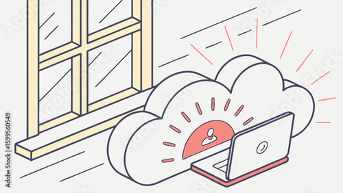 Cloud Computing Laptop and Window View Isometric Illustration.
