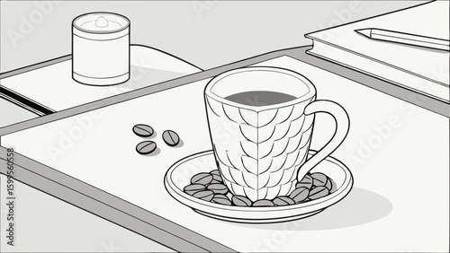 Coffee cup beans can and notebook with pencil illustration.
