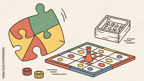 Colorful Board Game and Puzzle Pieces Illustration.