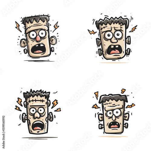 Funny cartoon expressions of Frankenstein's shocked face with lightning bolts and exaggerated emotions—perfect for emoji sets, comic reactions, and humorous Halloween illustrations.
