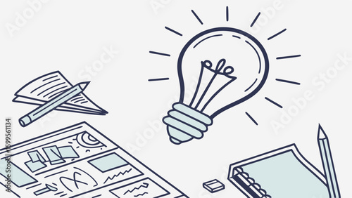 Creative Idea Generation Depicted with Lightbulb and Sketches.