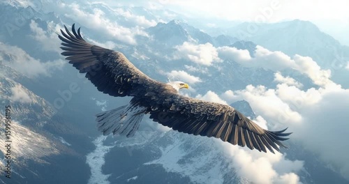 Majestic eagle soaring over mountain landscape with clouds