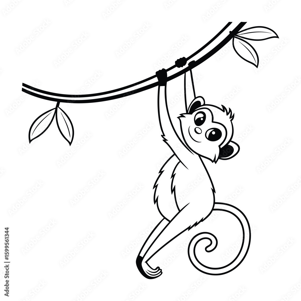 Fototapeta premium A cheerful minimal monkey hangs from a vine with leaves, depicted in a simple, clean silhouette style