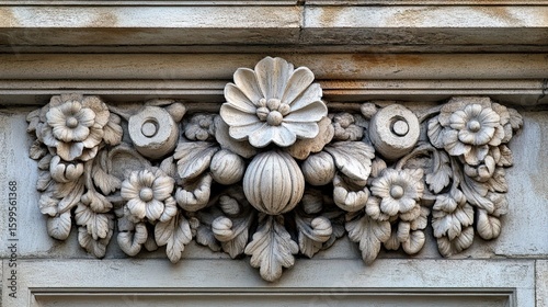Stone carving detail on historic building exterior with weathered texture for architectural heritage