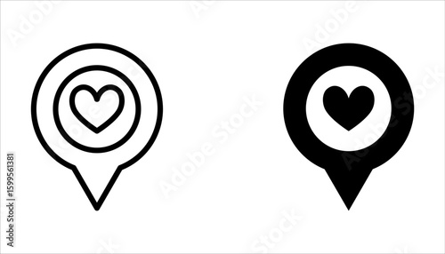 Love location icon set. Location pin icon with heart. Favorite places on white background