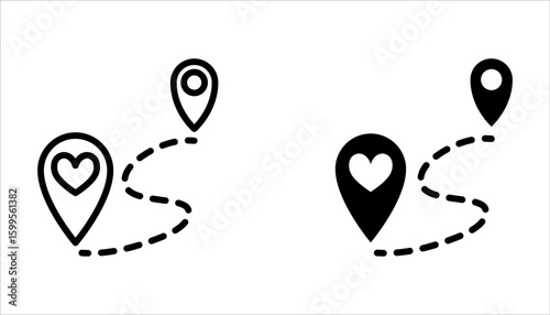 Love location icon set. Location pin icon with heart. Favorite places on white background