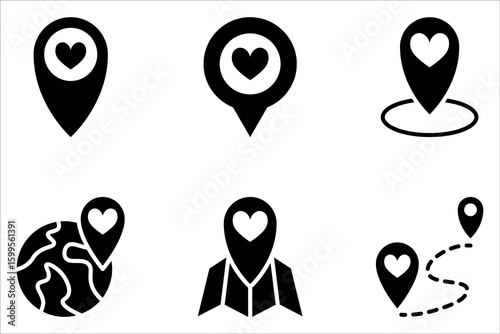 Love location icon set. Location pin icon with heart. Favorite places on white background