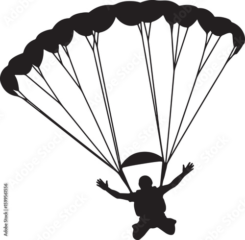 Black silhouette of a skydiver descending with an open parachute skydiving freefall