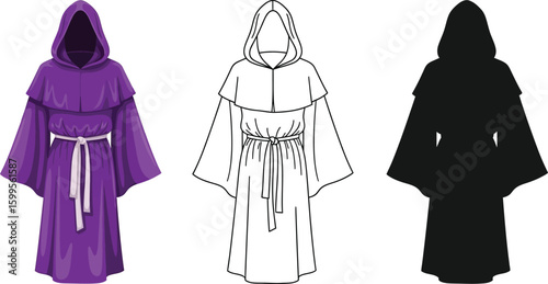Find purple robe costume vector illustration hooded cloak outline silhouette halloween party design