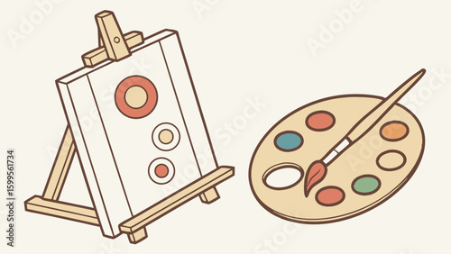 Easel with Canvas and Palette with Brush Artistic Supplies.