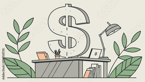 Dollar Sign on Desk with Laptop Lamp Books and Plants Illustration.