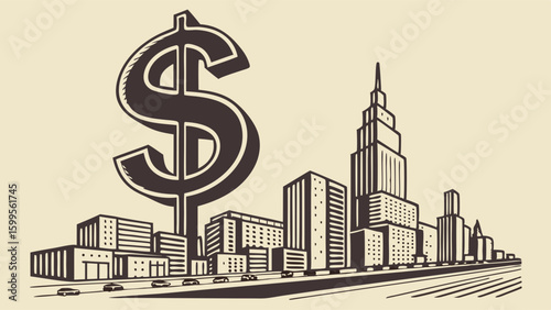 Dollar Sign Dominating Cityscape Financial Power in Urban Environment.