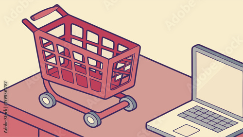 Empty Shopping Cart and Laptop on Desk Online Shopping Concept.