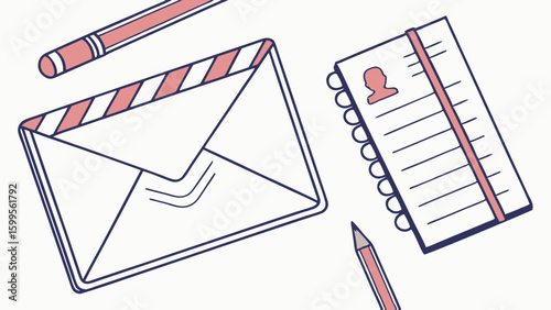 Envelope Spiral Notebook and Pencils Flat Lay Illustration.