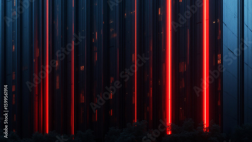 Futuristic Building Facade with Vertical Red Neon Stripes