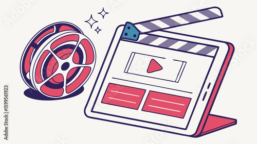 Film Reel and Clapperboard on Tablet Screen for Video Production.