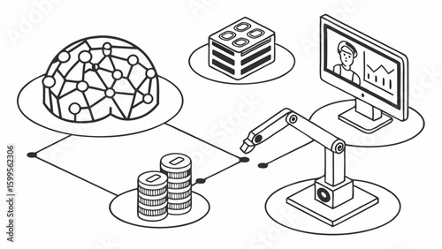 Futuristic Network System with Robotic Arm and Data Visualization.