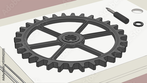 Gear Screwdriver and Washers on a Surface.