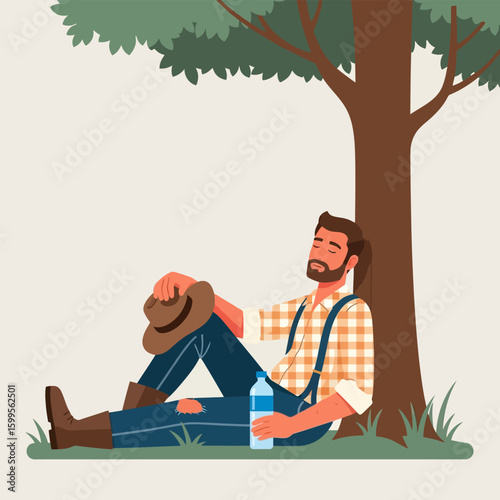 Relaxing Man Leaning Against Tree with Hat, Brown Boots, and Denim Ripped Jeans