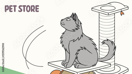 Gray Cat Sitting on a Cat Tree Platform Looking Upward.