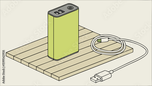 Green Power Bank with Charging Cable on Wooden Surface Illustration.