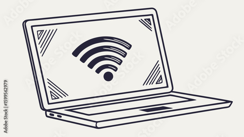 Handdrawn Laptop Displaying Wireless Signal Icon.