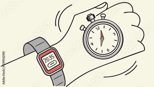 Hand Holding Stopwatch and Smartwatch Showing Time.