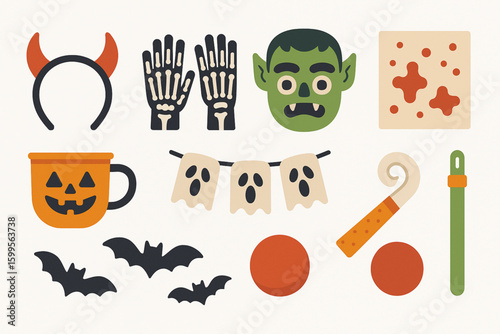 Set of Halloween party props flat vector icons