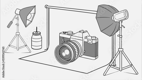 Illustration of a camera lighting equipment and backdrop setup.
