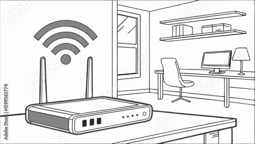 Illustrated Wireless Router with Signal Icon in Home Office Setting.