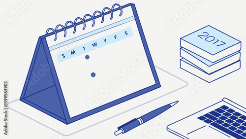 Isometric Desk Scene with Calendar Laptop Pen and 2017 Stack.