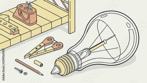 Isometric Illustration of a Broken Light Bulb and Repair Tools.