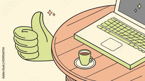 Laptop Coffee and Thumbs Up on a Round Table Illustration.