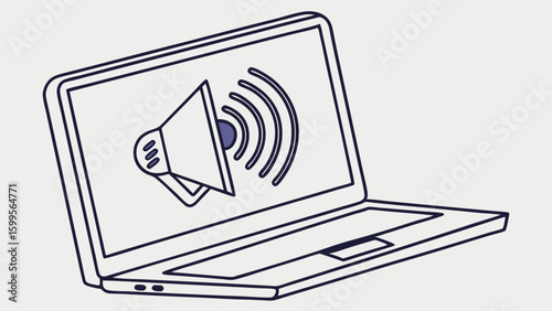 Laptop Screen Displaying Megaphone and Sound Waves Icon.