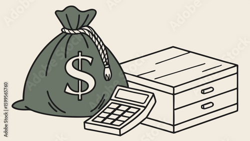 Money Bag Calculator and Filing Cabinet Illustration.