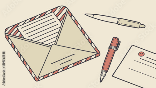 Open Envelope with Letter and Pens Illustration.