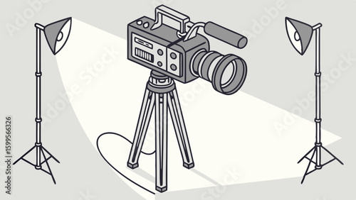 Professional Video Camera on Tripod with Studio Lighting.