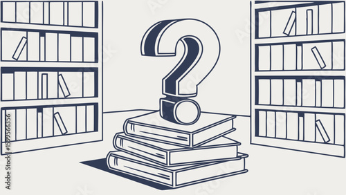 Question Mark on Stack of Books in Library Setting.