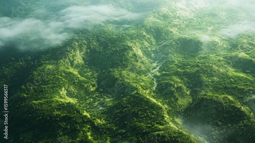 High-angle view of a lush, green mountain range.